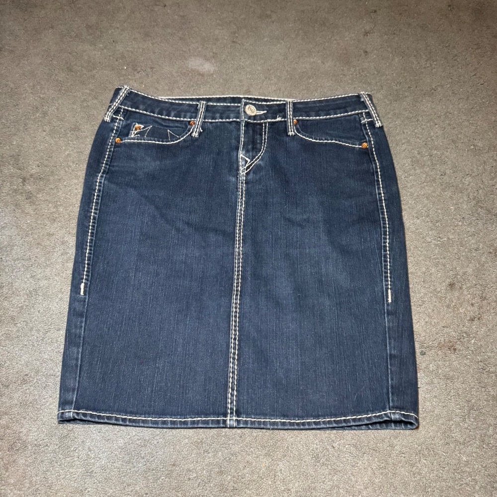 True Religion Denim Mini Skirt Dark Wash White Contrast Stitch Made in USA 29